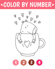 Color by number game for kids. Cute lovely capybara in cup. Valentine day coloring book. Printable worksheet with solution for school and preschool. Learning numbers activity.
