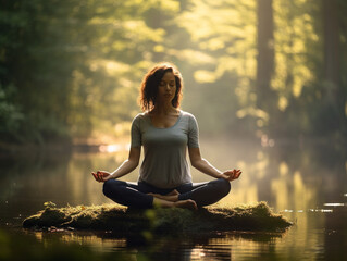 Fototapeta premium A focused individual practices mindfulness and deep breathing techniques for relaxation and mental well-being.