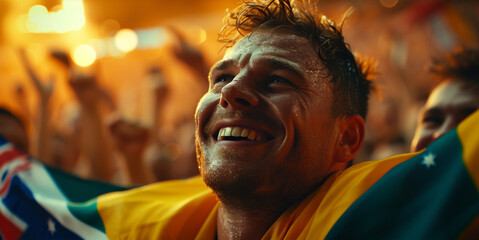 Obraz premium Australian joyful Spectator Celebrating Victory at a Sports Event with Flags 