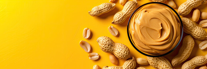 peanut butter in a bowl and peanuts around it on yellow background with copy space - obrazy, fototapety, plakaty