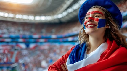 French woman with flag face paint cheering at sports event, blurry stadium background, text space.