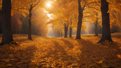 Autumn's embrace unfolds with golden leaves gently cascading from trees, marking the transition from summer to fall.