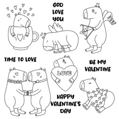 Set cute lovely line capybaras. Outline animal for Valentine's day.