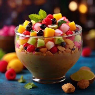 An appertaining image of fruit chat, emphasising its fresh, colourful mix and delightful flavours.