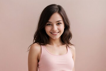 Obraz premium Attractive girl wearing a cropped tank top standing against a pink background with copy space.