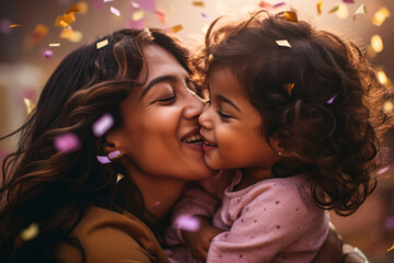 An affectionate young mother of Indian ethnicity kisses her little daughter on her birthday - Powered by Adobe