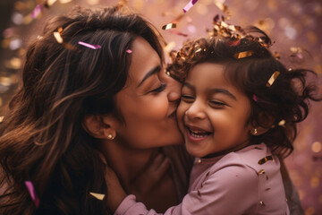 An affectionate young mother of Indian ethnicity kisses her little daughter on her birthday - obrazy, fototapety, plakaty