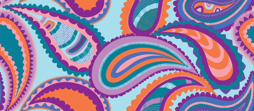 Drawing paisley ornament pattern. Abstract trendy ethnic style.