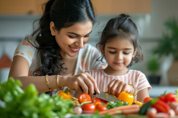 Happy Indian mother teaches her little daughter to cut vegetables in the kitchen