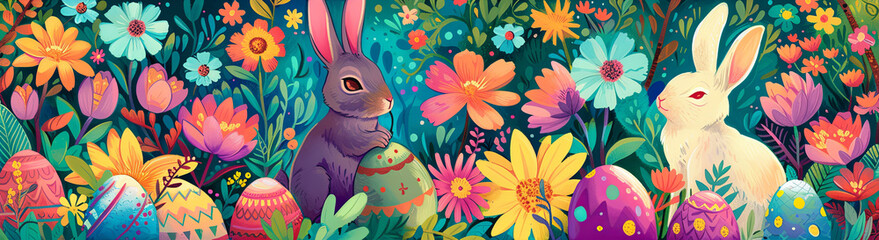 Fototapeta na wymiar Colorful Easter wallpaper pattern with bunnies, flowers and eggs.