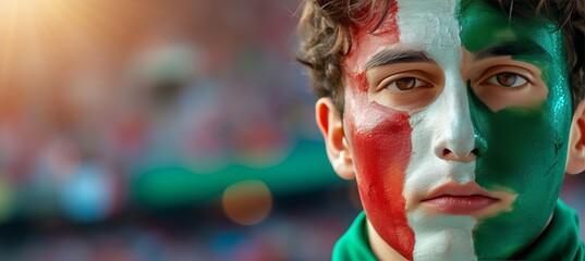 Obraz premium Italian man with flag face paint at football game, blurry stadium background with space for text.