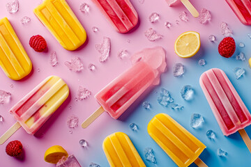 ice cream popsicles, seamless background, visible drops of water, overhead angle,