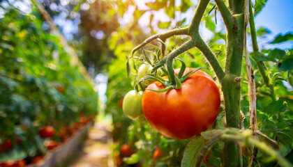 赤く色づくトマトの栽培家庭菜園 - obrazy, fototapety, plakaty