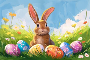 Illustration of a cute and happy Easter bunny with Easter eggs in the grass.