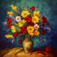 vintage colorful floral bouquet in a pot painting style for wall art, craft work, card, wallpaper and background
