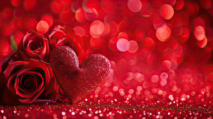 rose flowers and heart on red glitter background 