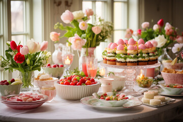 Easter table setting with sweets, candies and cupcakes.