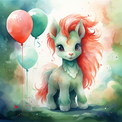 Fototapeta premium Jolie petite licorne avec des ballons multiolores illustrée à l'aquarelle