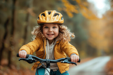 Happy little girl riding bike in park. Cheerful kid wearing safety helmet and riding bicycle. Generated AI