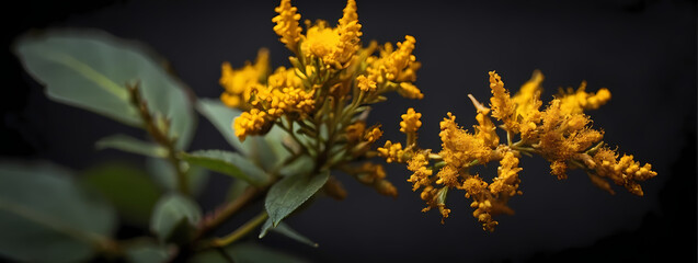 Goldenrod blossom with copy space. Vibrant goldenrod blossom on a dark brown background with space for text. 
