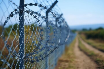 Metal fence on the border between countries. Immigration problem in USA concept. Generated AI