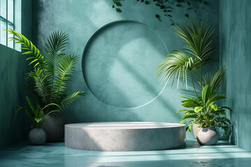 3D display stand green plants, e-commerce product booth minimalist creative background material