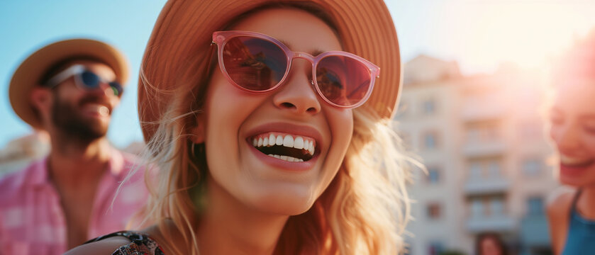 Vibrant Summer Joy: Close-Up of a Smiling Woman in Sunglasses Enjoying a Sunny Day Outdoors with Friends