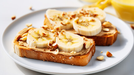 Toast with nut butter, banana slices and cashews on white table, closeup