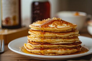 Delicious pancakes with maple syrup on table. Portion of american pancakes with honey on kitchen table. Stack of fresh crepes for breakfast. Generated AI