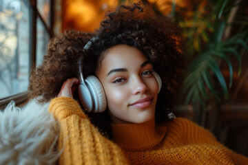 Young woman listening music, podcast or audiobook at home. Girl using headphones indoors. Generated AI