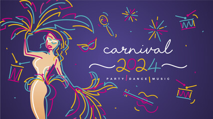 Carnival 2024 banner. Party girl colorful masked with carnival elements drums rattles guitar sparkle firework isolated on purple background