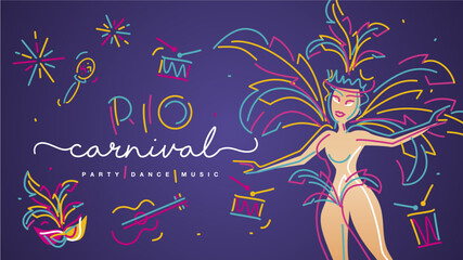 Rio Carnival 2024 party dance music. Party girl colorful masked with carnival elements drums rattles guitar sparkle firework isolated on purple background