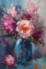 classic oil painting style abstract modern flowers on blue vase for background and wall art decoration