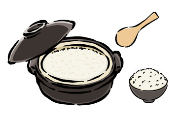 土鍋で炊いたごはんのをお茶碗に盛り付けるイラスト
