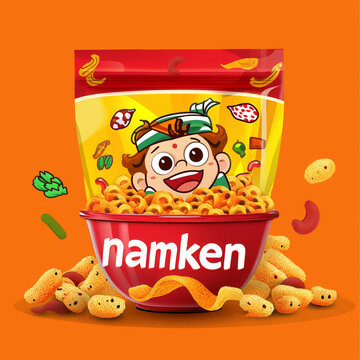 indian namkeen packaging with funny ingredients character