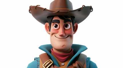 A vibrant and heartwarming 3D cartoon illustration of a content cowboy with a big smile, captured in a close-up portrait. The whimsical character stands out against a clean white background,