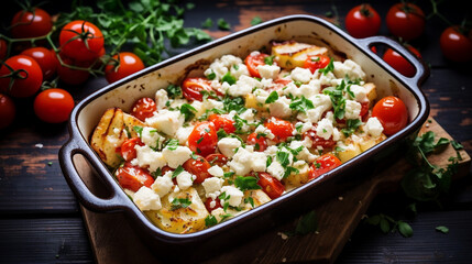 Baking dish of tasty pasta with tomatoes and feta cheese on table