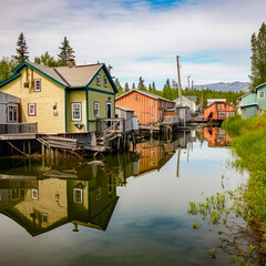 Fototapeta na wymiar lifestyle photo old fishing village along water.