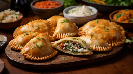 Close-up of South American empanadas with various fillings - obrazy, fototapety, plakaty