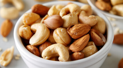 Nuts snack featuring top, side, and front angles in a white ceramic bowl