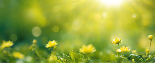 Green grass and flowers background at sunrise