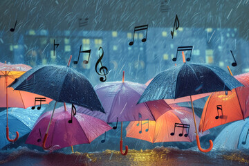 Umbrellas and Musical Notes Unite, Expressing the Enchanting Melody of Rainy Encounters.