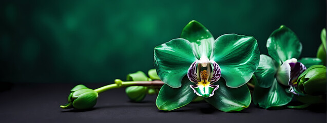 Funeral emerald orchid with copy space. Regal emerald orchid on a deep green background with space for text. - obrazy, fototapety, plakaty
