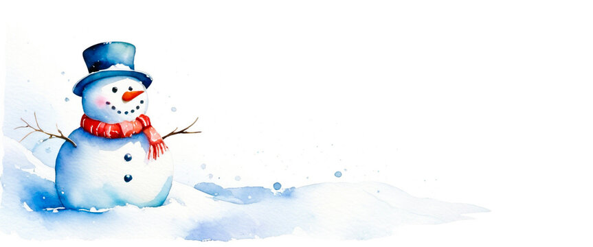 A cute snowman with a fedora and a red scarf. White empty space. White landscape of snowy winter. Illustration in watercolor style.