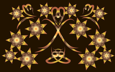 Fantasy ornament with flowers and leaves. Symmetrical ornament. Gold gradient on a black background for printing on fabric, applique and cards.