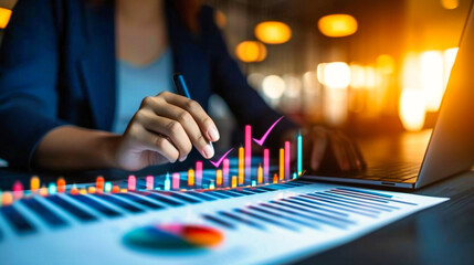 Female Analyst Writing Stock Market Analysis, Merging Traditional Business Practices with Modern Technology