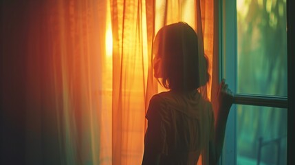 A woman hesitating to open the curtains, fearing the harsh glare of the outside world exacerbating her social anxiety and depression.