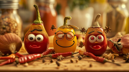 Whimsical conceptual illustration of spices as funny characters