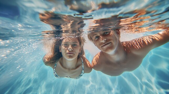 girl and boy andmaking selfie in the swimming pool