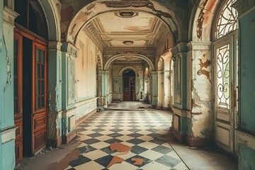 an old hallway in a building with tiled floors and painted ceiling